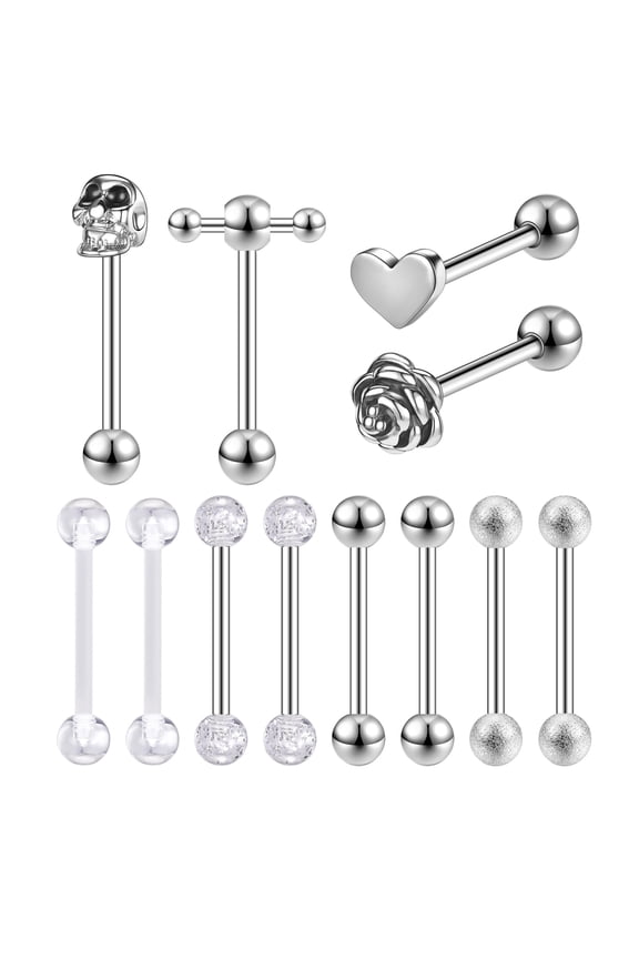 12Pcs/Set 14G Tongue Piercing Barbells Stainless Steel Long Nipple Piercing Barbells Body Jewelry for Women Men