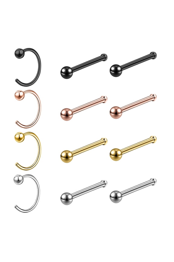 12Pcs/Set 20g Nose Ring Piercing Steel Ball Nostril Piercing Nose Bone/L Shaped/Nose Screw Nose Stud Piercing