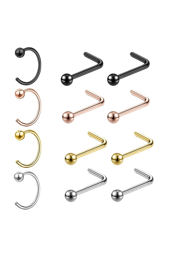 12Pcs/Set 20g Nose Ring Piercing Steel Ball Nostril Piercing Nose Bone/L Shaped/Nose Screw Nose Stud Piercing