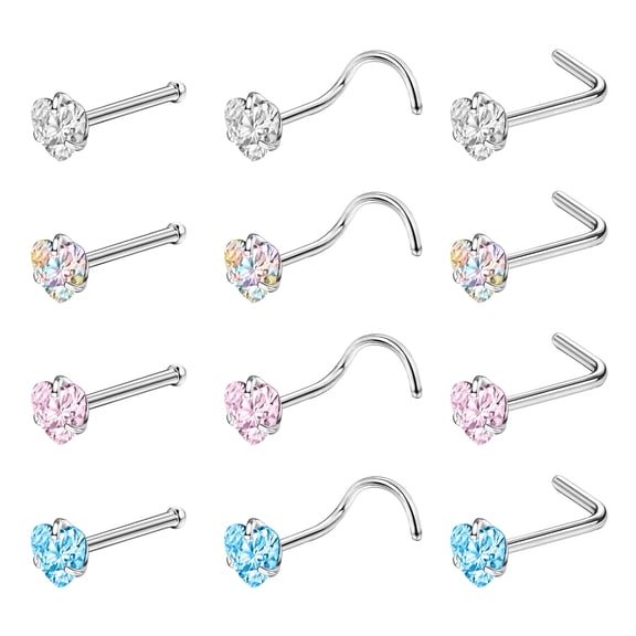 ZS 12Pcs/Set 20g Star/Round/Heart Crystal Nose Ring Piercing Mix Color Zircon Nostril Piercing Nose Bone/L Shaped/Nose Screws Nose Stud Piercing