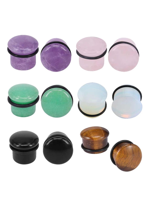 12Pcs/Set Single Flared Ear Plug Tunnel Natural Stone Ear Gauges Mushroom Shape Ear Stretchers Jewelry with Silicone O-Ring
