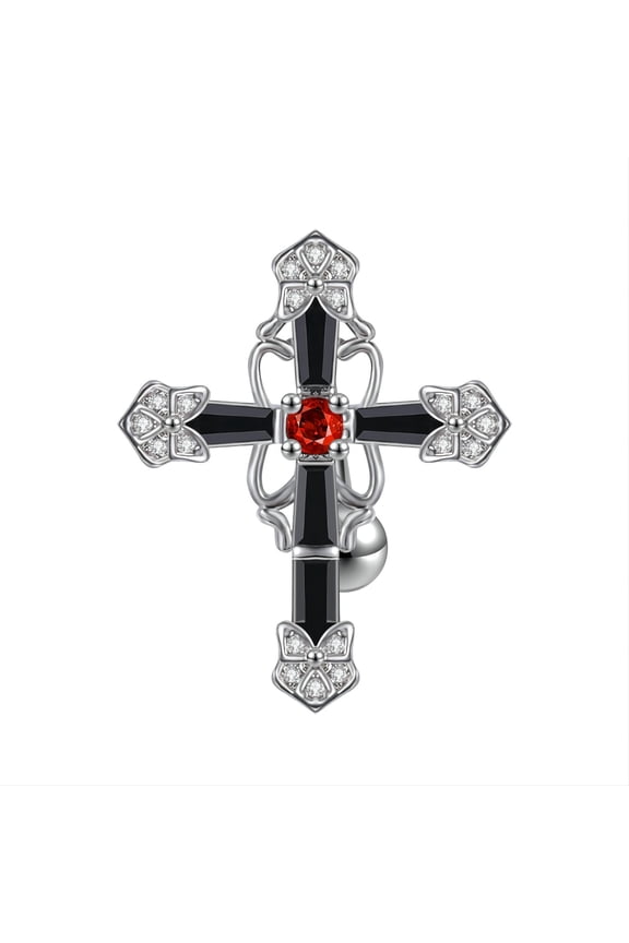 14G Black Cross Belly Button Ring Red Crystal Navel Piercing Punk Belly Piercing
