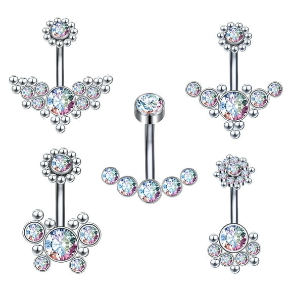 ZS 14G Colorful Cubic Zirconia Belly Button Rings Sunflower Shiny Crystal Belly Navel Piercing Banana Barbell Belly Ring for Women
