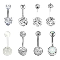 8-Piece Lot 14G Belly Button Rings – Dangle Surgical Steel CZ Navel Barbells (Multi-Color)
