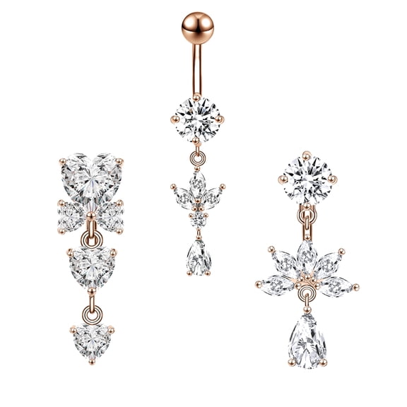 ZS 14G Heart Moon Cubic Zirconia Belly Button Rings Rose Gold Color Dangle Belly Navel Piercing Banana Barbell Belly Ring Set