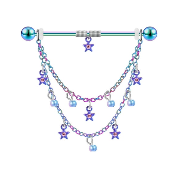 ZS 14G Star Pearl Industrial Barbell Jewelry Chain Dangel Cartilage Conch Piercing Rainbow Earrings Piercing