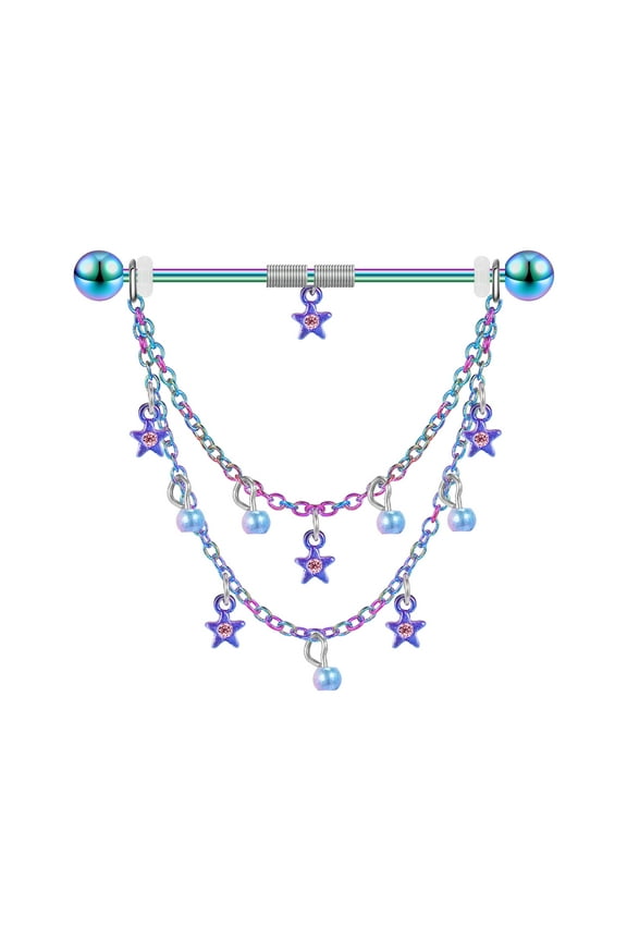 14G Star Pearl Industrial Barbell Jewelry Chain Dangel Cartilage Conch Piercing Rainbow Earrings Piercing