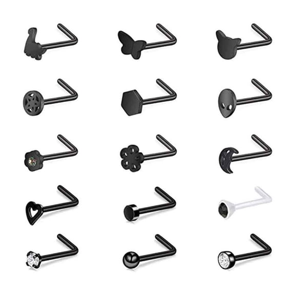 ZS Black Plating Mixed Shape Stud Nose Piercing Rings Set with Corkscrew, 20G, 15 Piece