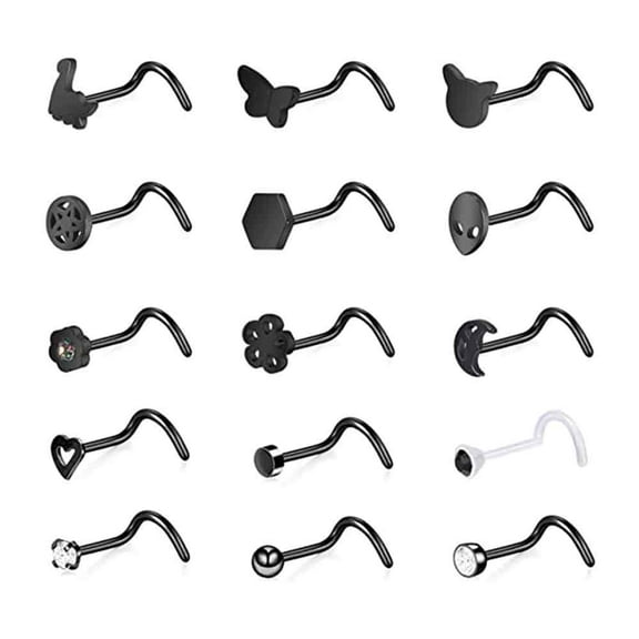 ZS 15PCS 20G Plating Black Color Nose Stud Piercing Cute Design Nose Rings Set Mix Style Nostril Piercing Nose Bone/L Shaped/Nose Corkscrew
