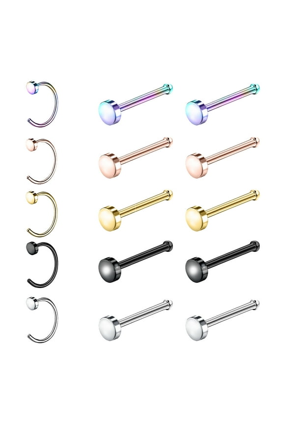 15Pcs/Set 20g Nose Hoop Ring Piercing Round Flat Nostril Piercing Rose Gold Black Nose Bone/L Shaped/Nose Screw Nose Stud Piercing