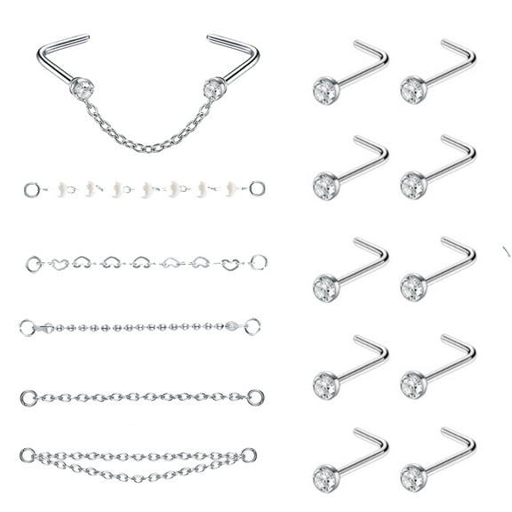 ZS 15Pcs/Set Nose Chain Piercing Across Nose Stud Round Crystal L Shaped Nose Rings Piercing