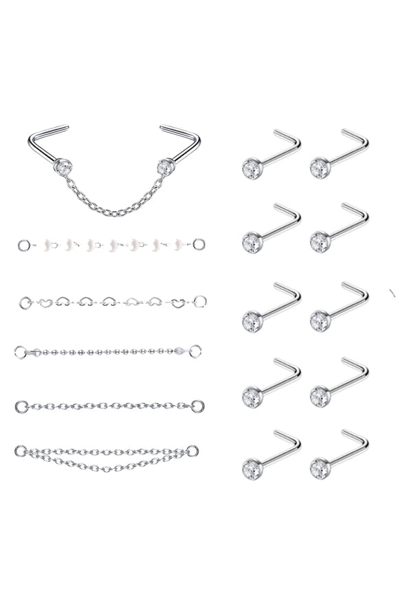 15Pcs/Set Nose Chain Piercing Across Nose Stud Round Crystal L Shaped Nose Rings Piercing