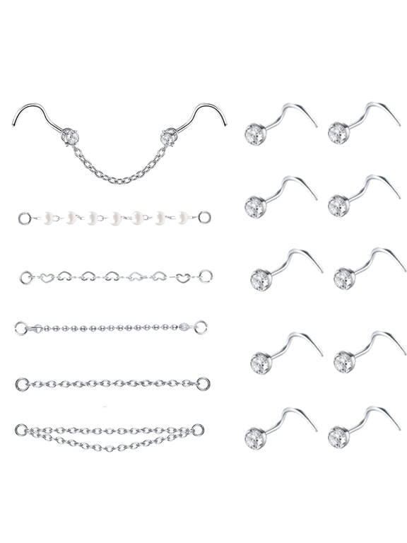 15Pcs/Set Nose Chain Piercing Across Nose Stud Round Crystal Nose Corkscrew Rings Piercing