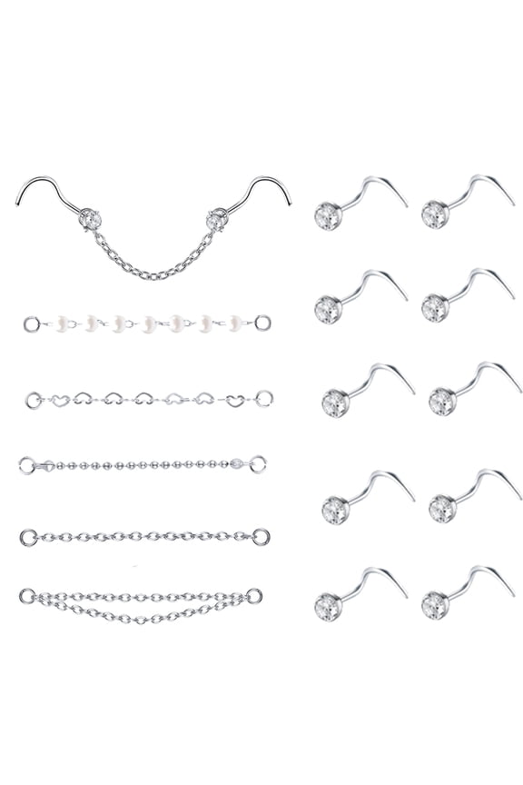 15Pcs/Set Nose Chain Piercing Across Nose Stud Round Crystal Nose Corkscrew Rings Piercing