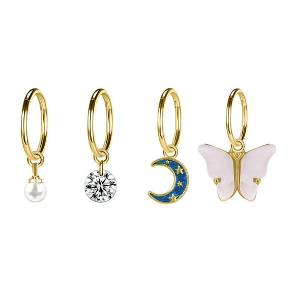 ZS 16G 4Pcs Pearl Hoop Navel Belly Ring Star Butterfly Belly Ring Pendant Gold Plated Navel Piercing