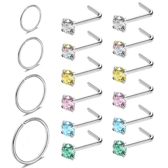 ZS 16PCS 20G Nose Hoop Rings Crystal Nostril Piercing L Shaped Nose Stud Rings