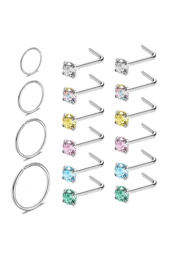 16PCS 20G Nose Hoop Rings Crystal Nostril Piercing L Shaped Nose Stud Rings
