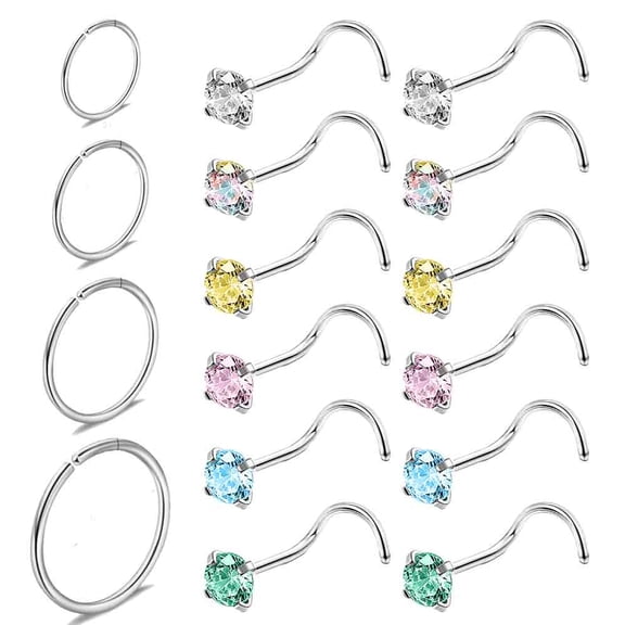 ZS 16PCS 20G Nose Hoop Rings Crystal Nostril Piercing Nose Corkscrew Stud Piercing