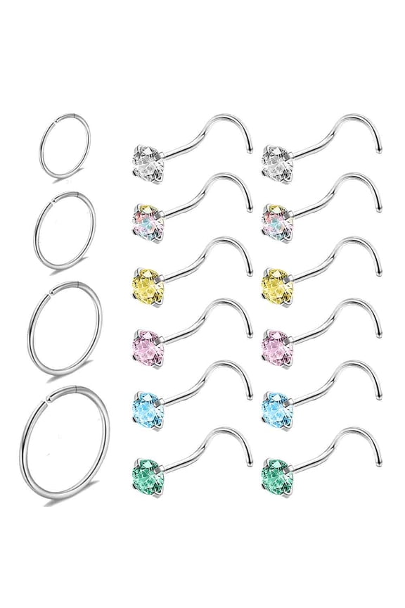 16PCS 20G Nose Hoop Rings Crystal Nostril Piercing  Nose Corkscrew Stud Piercing