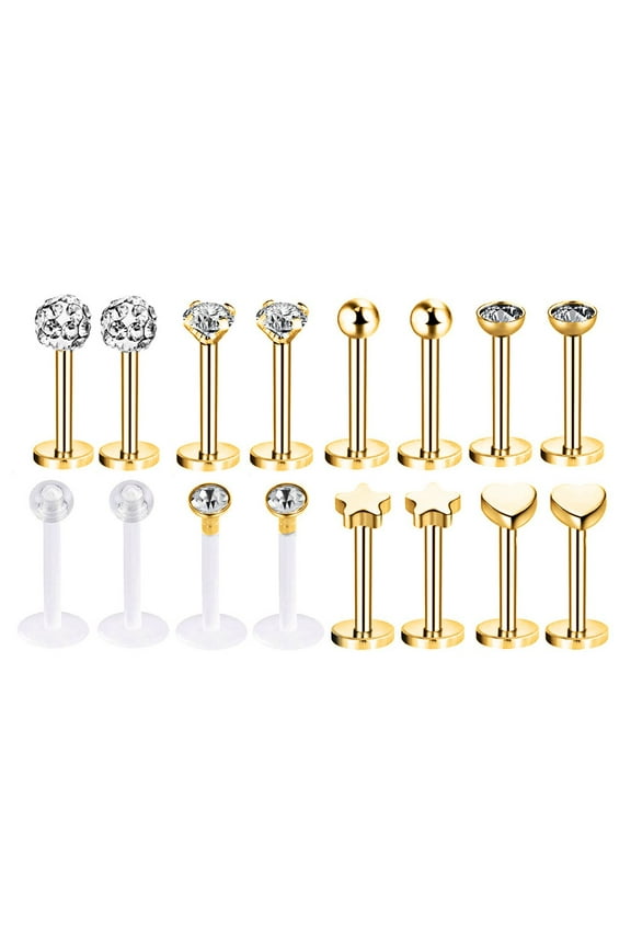 16Pcs/Set 16G Cubic Zirconia Medusa Monroe Labret Lip Piercing Heart Star Tragus Helix Earrings Piercing