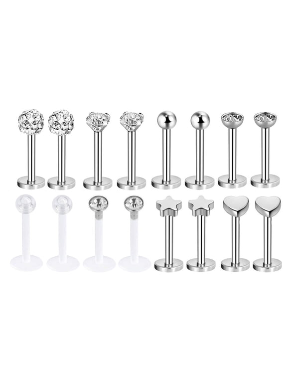 16Pcs/Set 16G Cubic Zirconia Medusa Monroe Labret Lip Piercing Heart Star Tragus Helix Earrings Piercing