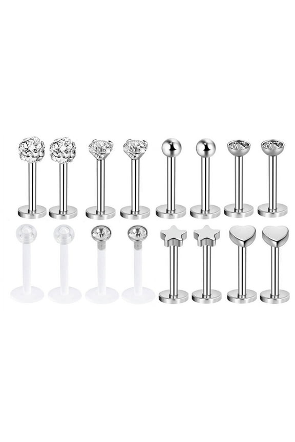 16Pcs/Set 16G Cubic Zirconia Medusa Monroe Labret Lip Piercing Heart Star Tragus Helix Earrings Piercing