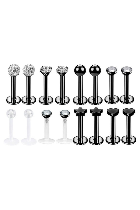 16Pcs/Set 16G Cubic Zirconia Medusa Monroe Labret Lip Piercing Heart Star Tragus Helix Earrings Piercing