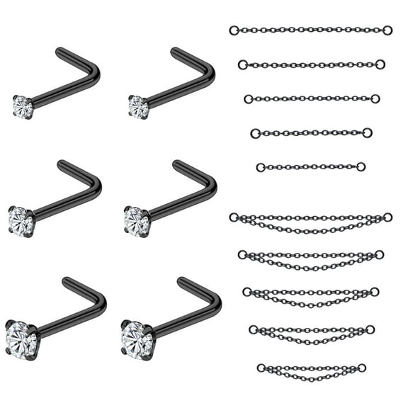 ZS 16Pcs/Set Nose Chain Piercing Across Nose Stud Claw Cubic Zirconia Nose Bone/L Shaped/Corkscrew Nose Rings