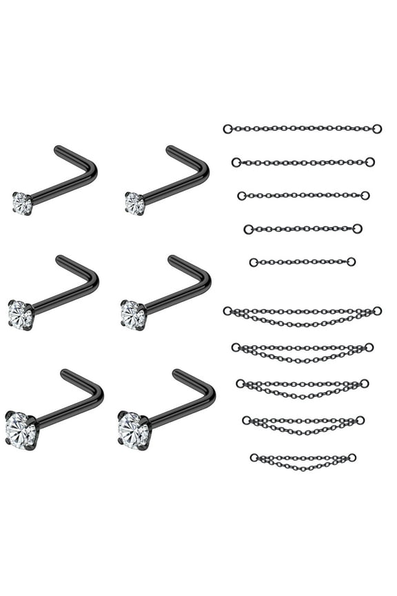 16Pcs/Set Nose Chain Piercing Across Nose Stud Claw Cubic Zirconia Nose Bone/L Shaped/Corkscrew Nose Rings