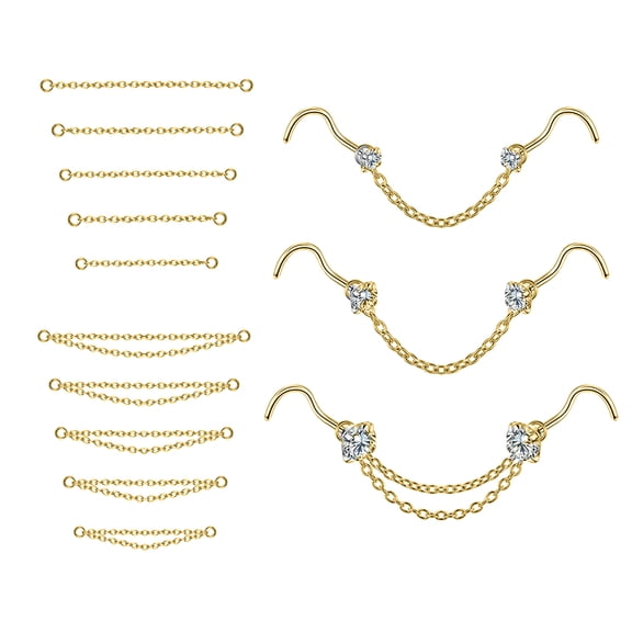 ZS 16Pcs/Set Nose Chain Piercing Across Nose Stud Claw Cubic Zirconia Nose Bone/L Shaped/Corkscrew Nose Rings