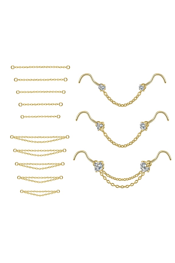 16Pcs/Set Nose Chain Piercing Across Nose Stud Claw Cubic Zirconia Nose Bone/L Shaped/Corkscrew Nose Rings