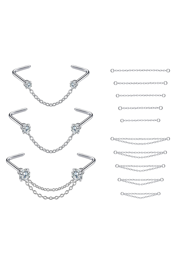 L Shaped Corkscrew Claw Cubic Zirconia & Silver Stainless Steel Nose Rings, 32-Piece
