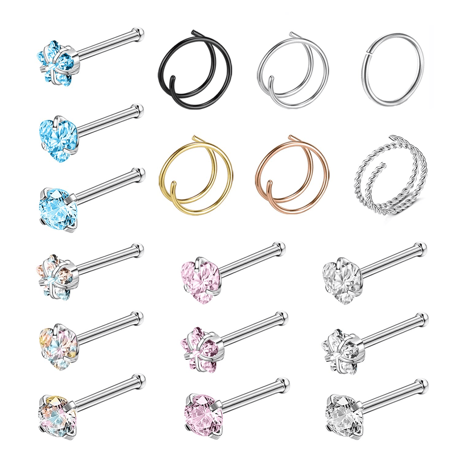 Liuxn 20 Gauge Curvo Naso a Bottone in Acciaio Inox Naso Anelli Zirconia Cubico Piercing