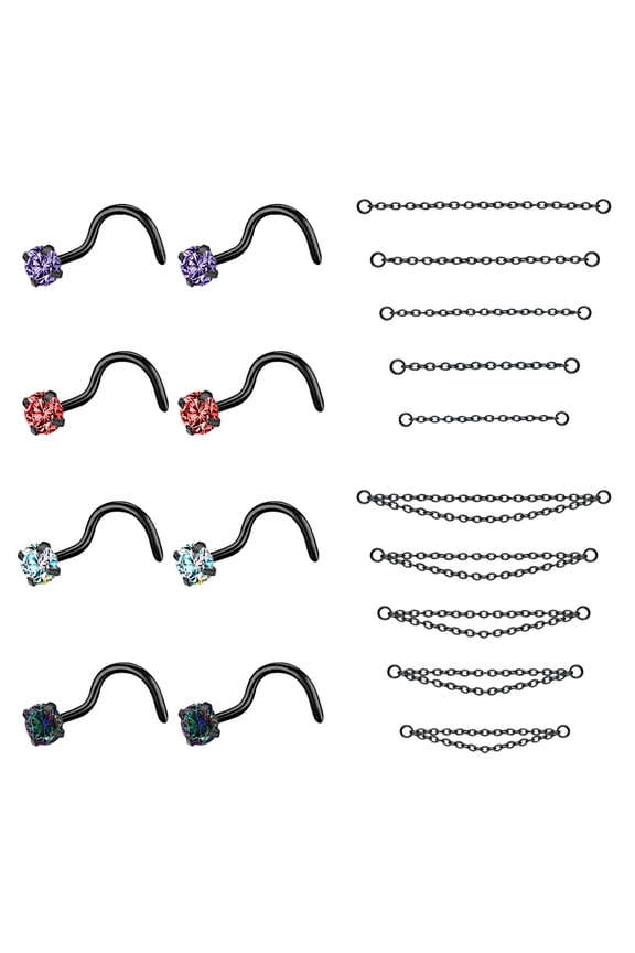18Pcs/Set Black Nose Chain Piercing across Nose Stud Crystal Corkscrew Nose Rings