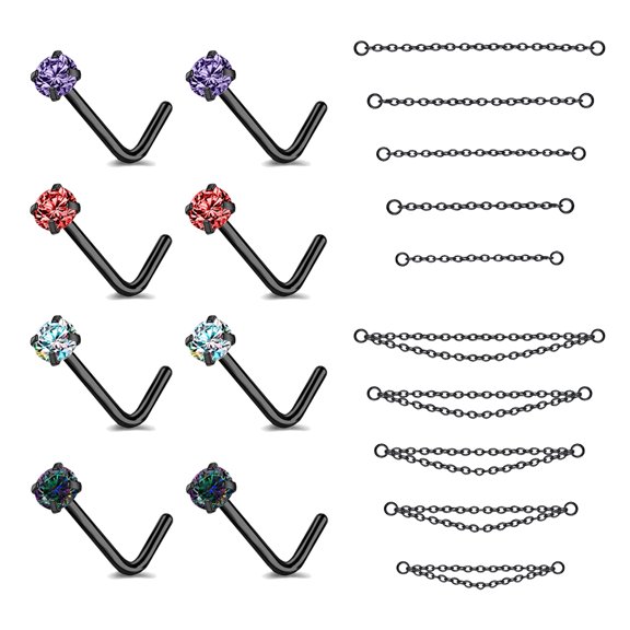 ZS 18Pcs/Set Black Nose Chain Piercing across Nose Stud Crystal L Shape Nose Rings
