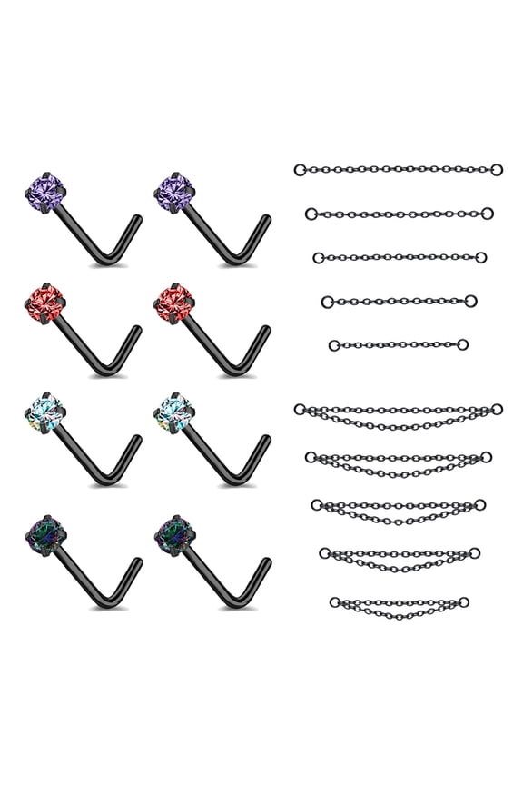 18Pcs/Set Black Nose Chain Piercing across Nose Stud Crystal L Shape Nose Rings