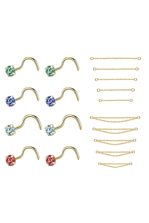 18Pcs/Set Gold Nose Chain Piercing Across Nose Stud Rainbow Cubic Zirconia Nose Screw Nose Rings