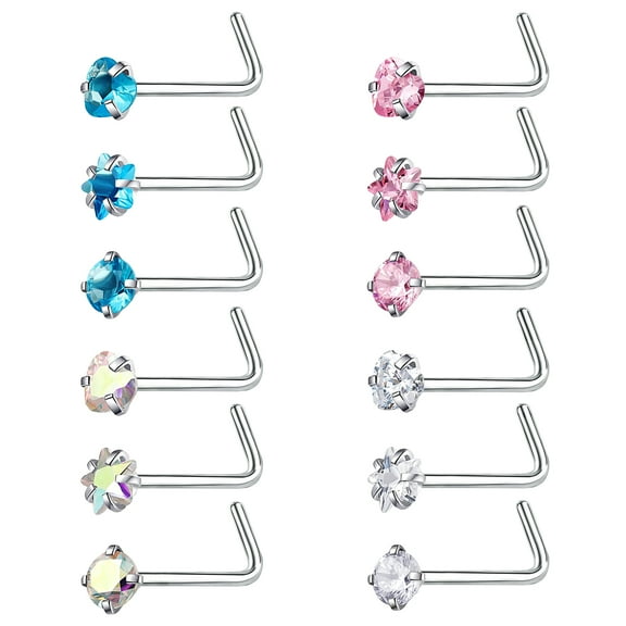 ZS 18g 12Pcs/Set Star Heart Round CZ Nose Ring Piercing L Shaped Nose Stud Piercing