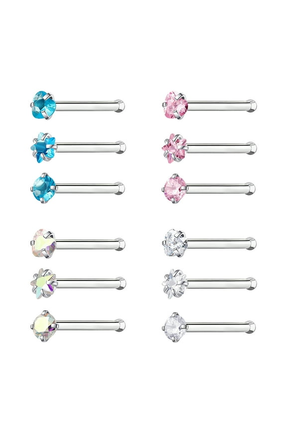 18g 12Pcs/Set Star Heart Round CZ Nose Ring Piercing Nose Bone Stud Piercing