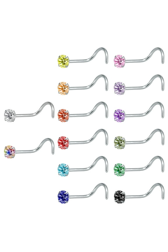 18g 14Pcs Mix Colors Cubic Zirconia Crystal Nose Ring Piercing Nose Bone/L Shaped/Nose Screws Nose Stud Piercing