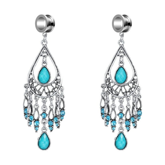 ZS 2 Pcs Vintage Hollow Ear Plug Tunnel Leaves Tassel Dangle Ear Gauges Turquoise Ear Expander Stretchers Body Jewelry