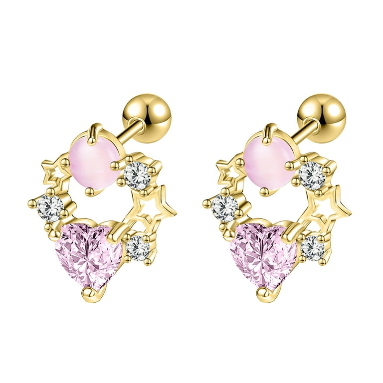 ZS 20G 1 Pair Star Heart Stud Earring Pink Zirconia