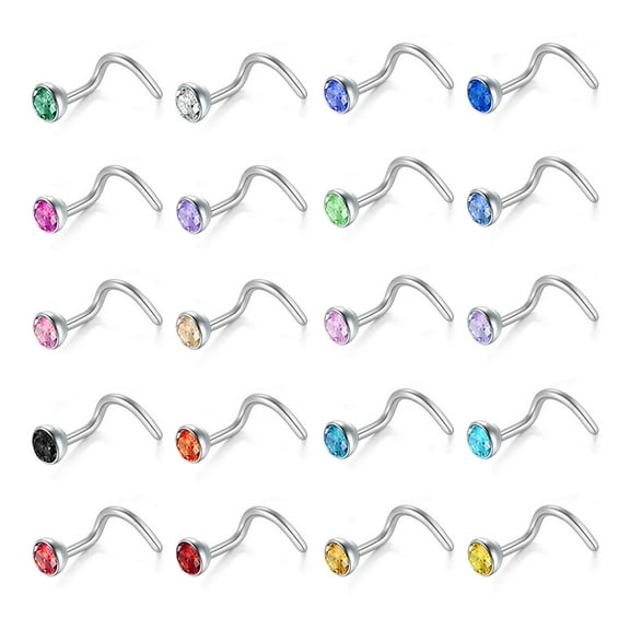 ZS 20G 20Pcs CZ Crystal Nose Studs Piercing Corkscrew Nose Rings Stainless Steel Nostril Piercing