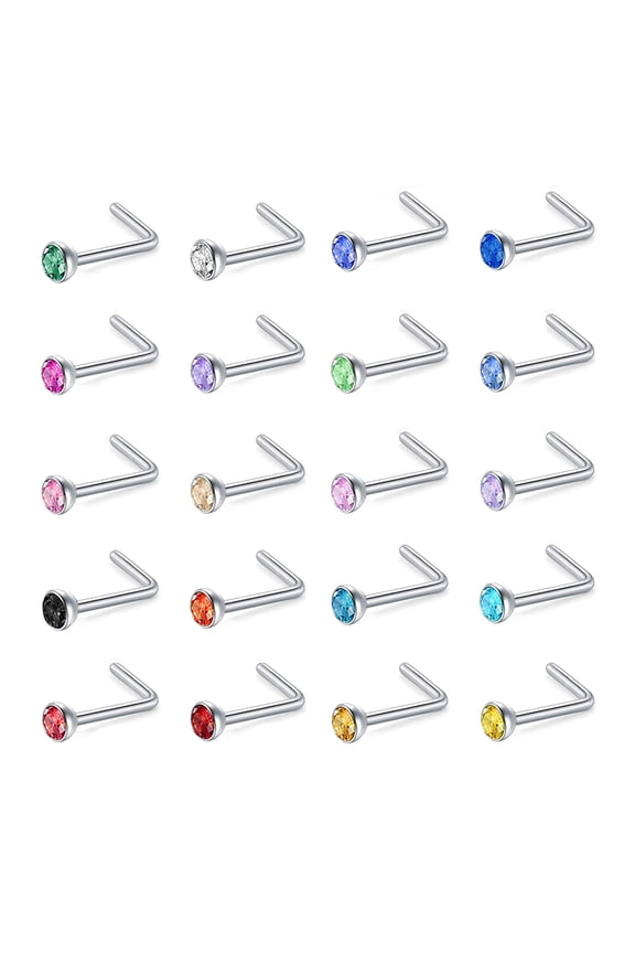 20G 20Pcs CZ Crystal Nose Studs Piercing L Shape Nose Rings Stainless Steel Nostril Piercing