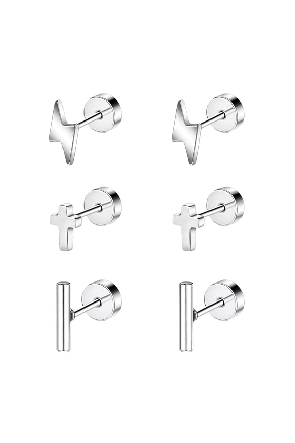 20G 3 Pairs Cross Stud Earring Lightning Cartilage Conch Helix Piercing Cylinder Ear Piercing Jewelry