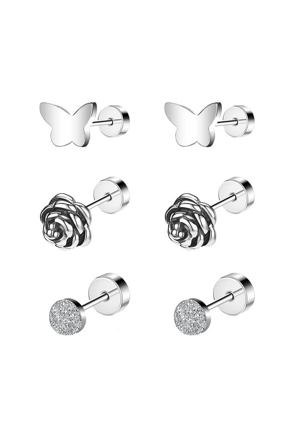 20G 3 Pairs Flower Stud Earring Butterfly Cartilage Conch Helix Piercing Frosted Round Ear Piercing Jewelry