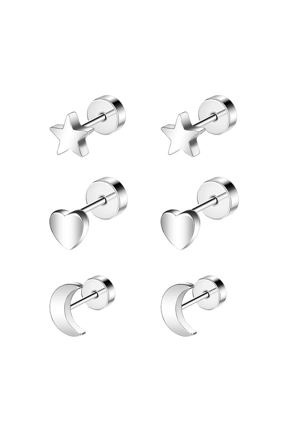 20G 3 Pairs Heart Stud Earring Star Cartilage Conch Helix Piercing Moon Ear Piercing Jewelry