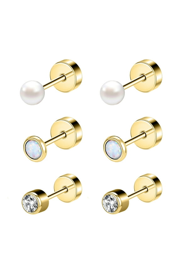 20G 3 Pairs Opal Stud Earring Pearl Cartilage Conch Helix Piercing Zirconia Ear Piercing Jewelry