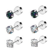ZS 20G 3 Pairs Round Crystal Flat Back Stud Earring Claw Rainbow Zircon Cartilage Conch Helix Piercing Square Zirconia Ear Piercing Jewelry