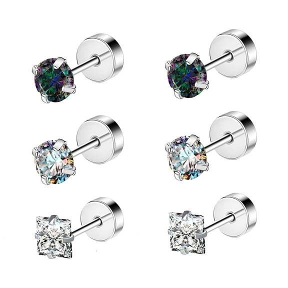 ZS 20G 3 Pairs Round Crystal Flat Back Stud Earring Claw Rainbow Zircon Cartilage Conch Helix Piercing Square Zirconia Ear Piercing Jewelry